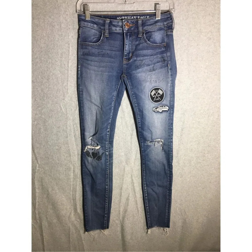 Womens American Eagle Jeans Jeggings Trendy Designs Punk Goth Y2K patches